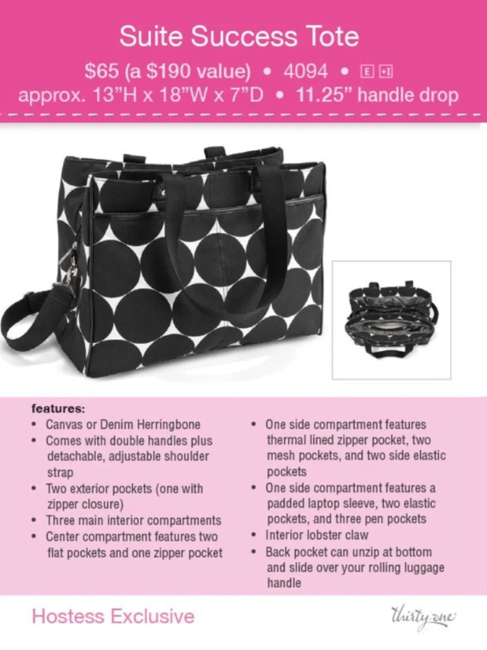 Thirty One black and white dot laptop bag suite success tote